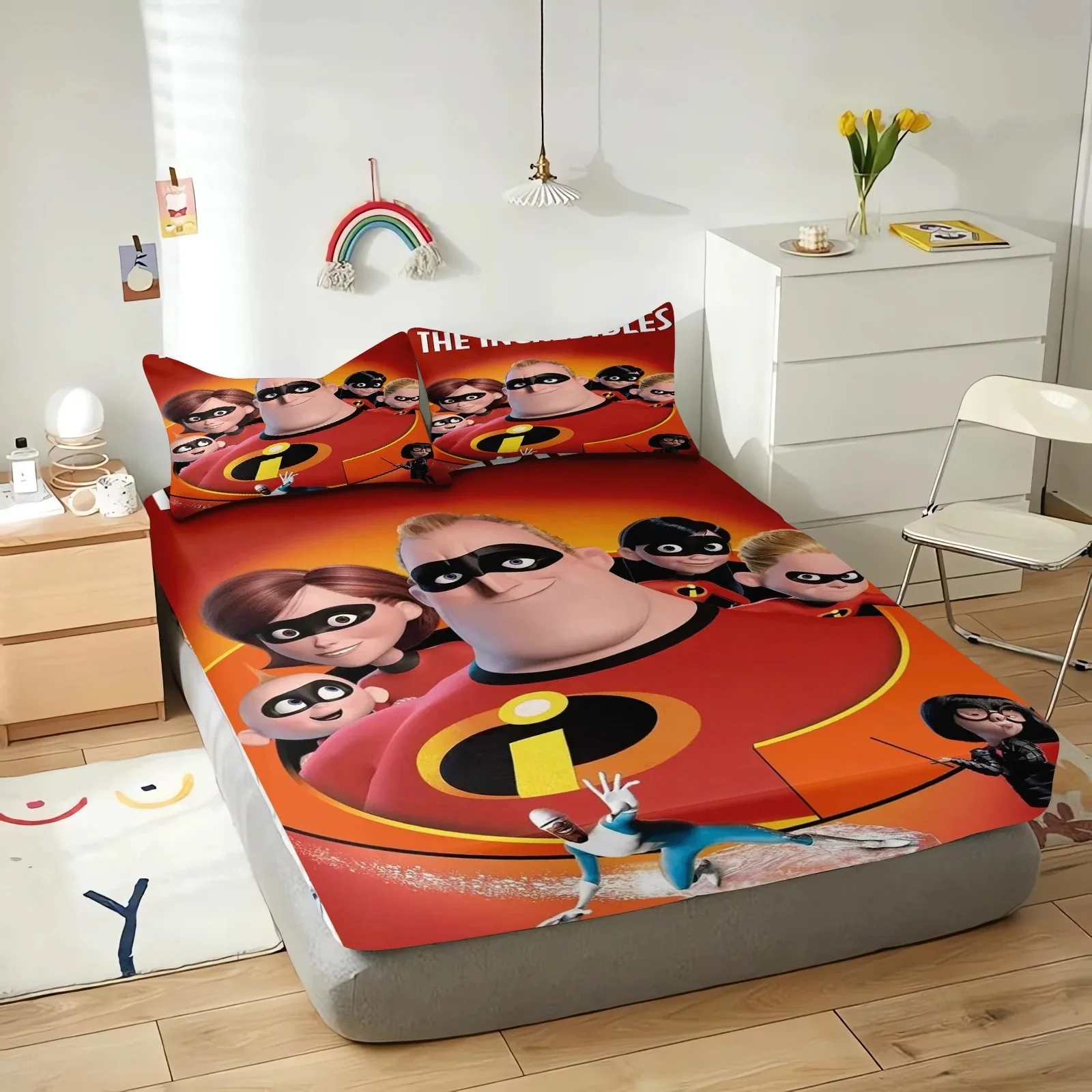 Disney The Incredibles Cartoon Sheets,Kawaii Anime Printed Fitted Bed Sheets Bed Cover,Bedroom Decor Children Bedding