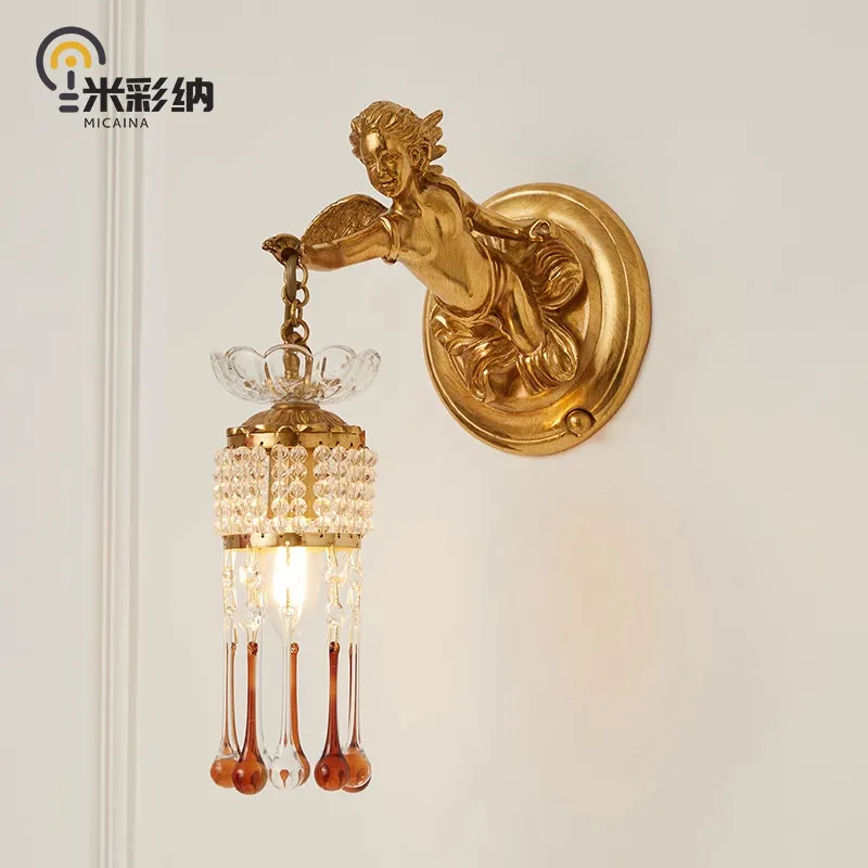 

French wall lamp European luxury crystal wall lamp living room bedroom lamp villa angel full copper lamp