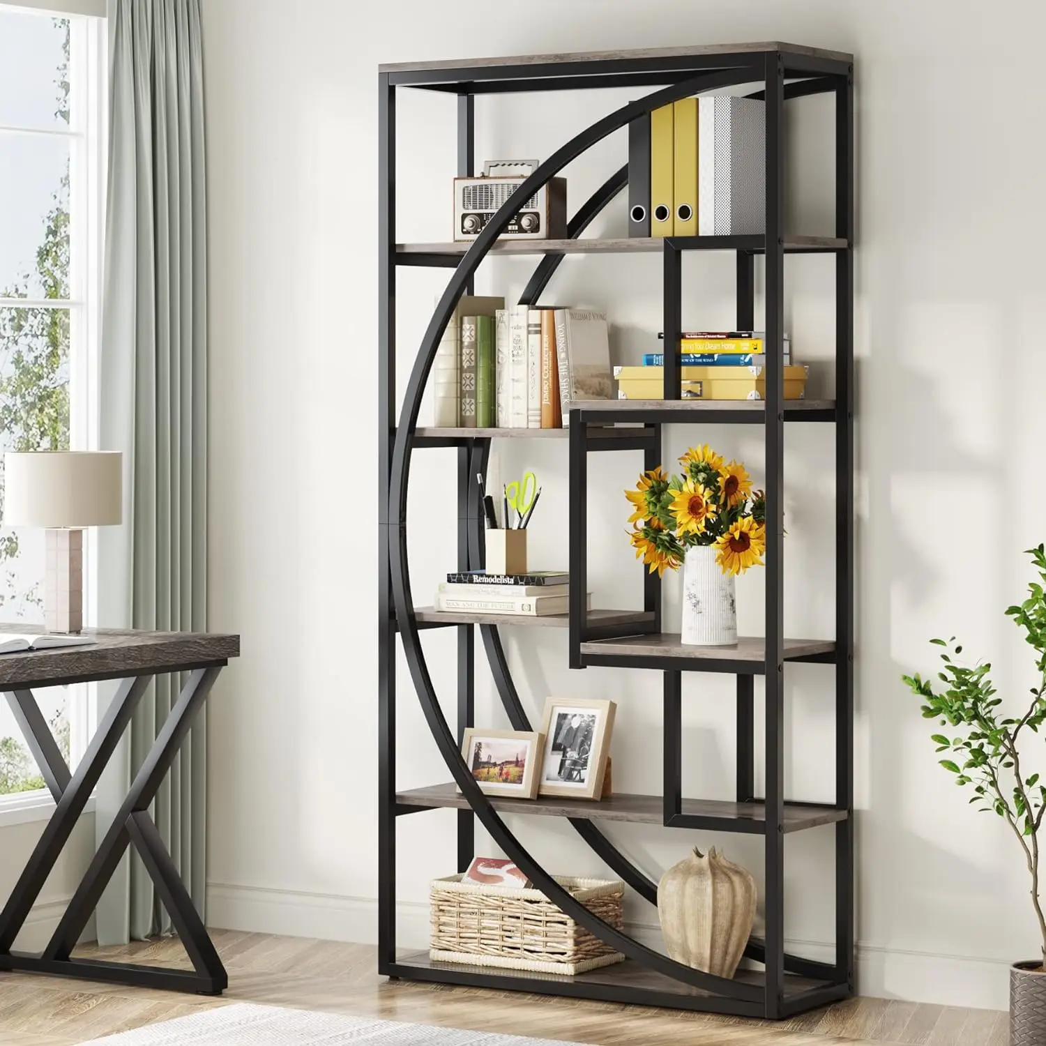 

Industrial 5-Tier Etagere Bookcase, 70.8" Tall Bookshelf w/ 8 Open Storage Shelf, Book Shelf Display Tack Shelving Unit for Home