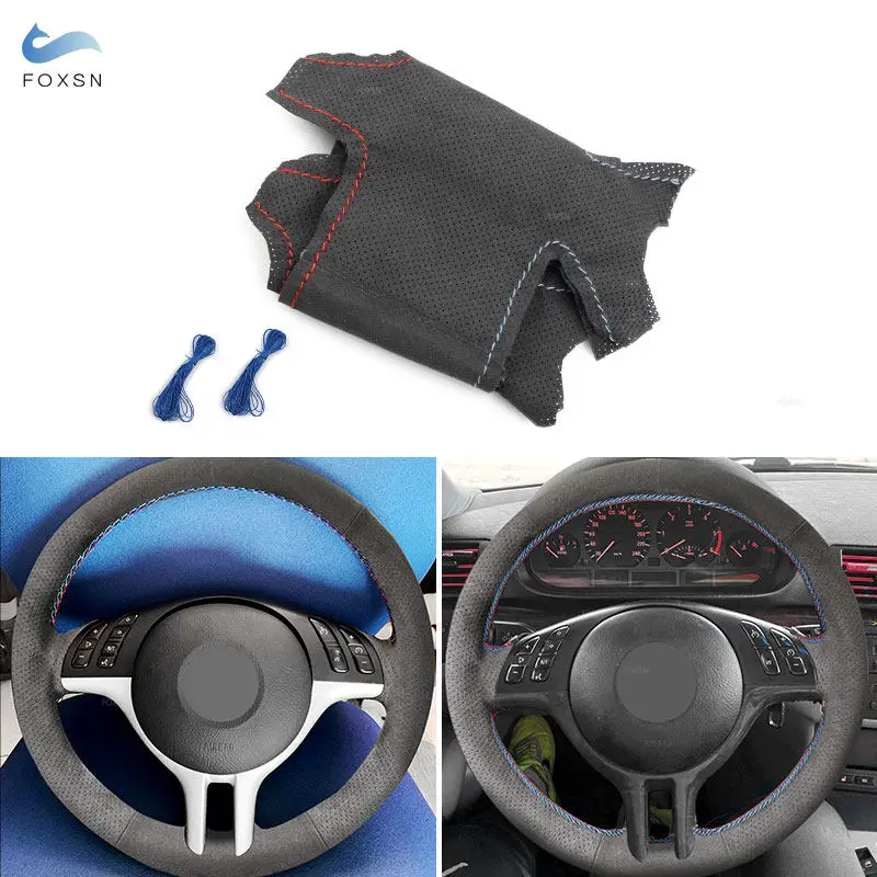 For BMW 3 5 Series E46 E39 X5 E53 2000 2001 2002 2003 Z3 E36 1.2mm Suede Leather Car Steering Wheel Cover Trim red blue line