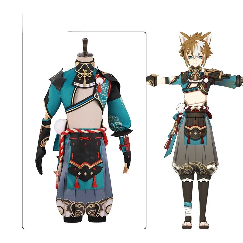 Neues Genshin Impact Goronu Cosplay Kostüm Ziege Cosplay Kostüm Männer Blue Fox Boy Kostüm Halloween Hosen Schwanz Ohren Komplettset