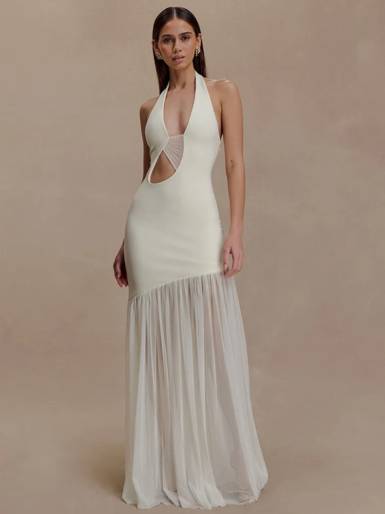 Articat élégant sans manches licou cou évider maille Patchwork femmes robe longue Sexy dos nu robe moulante fête robe de soirée