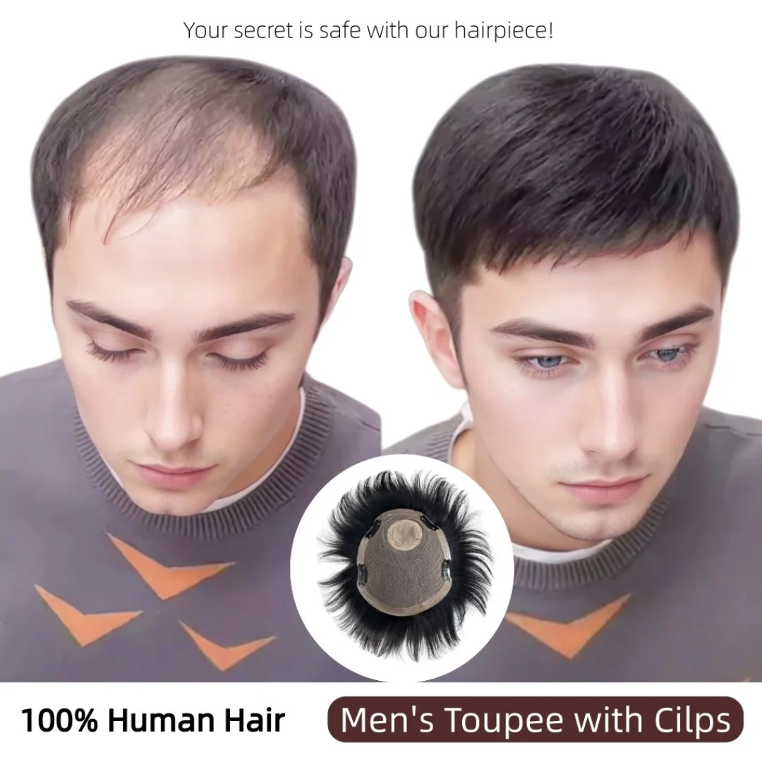 شعر مستعار طبيعي أسود ذكر شعر مستعار قصير باروكة من شعر طبيعي دبابيس داخل وصلات الشعر الجلد ودية تنفس غطاء علوي أصلع تساقط الشعر #1