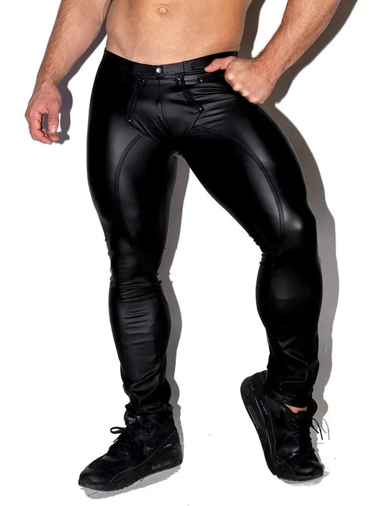 Men's Clothing Faux Leather Pants Front Open Pouch Male Night Club Tights Shiny Dance Perform Gay Sexy Trousers Black Shapewear