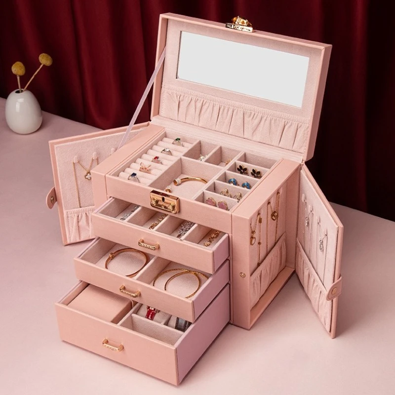 

Leather Jewellery Organizer Case Large Jewelry Box with Mirror Luxury Ring Necklace Storage Cases Bracelet Pendant Display Boxes