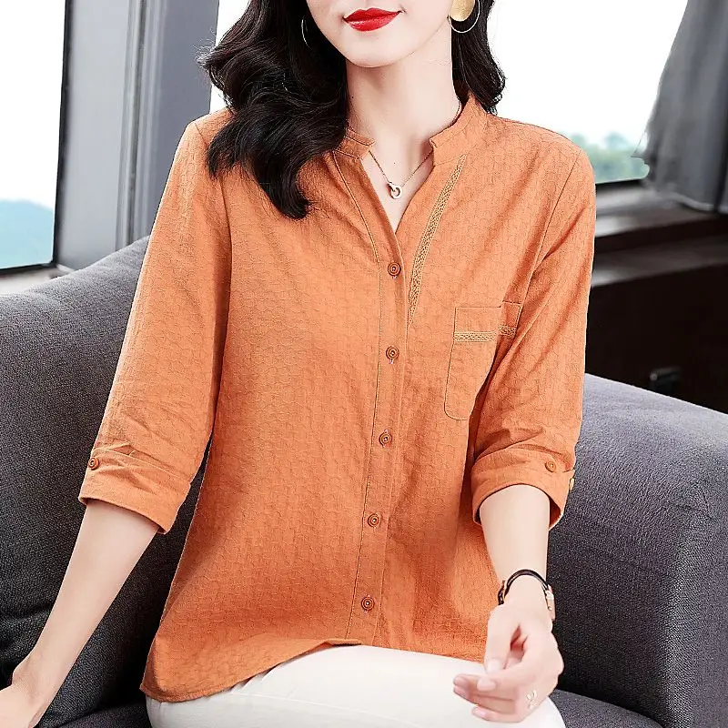 Womens Clothing Hollow Lace Patchwork Elegant Office Lady Shirt Korean Fashion V Neck Half Sleeve Blouse Solid Loose Cotton Tops