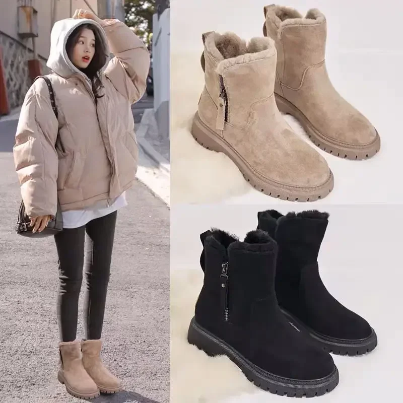 2024 Women\'s Snow Boots Winter Mid-Tube Plus Velvet Thickened Warm Cotton Shoes Fur Integrated Fashion Platform Female Booties