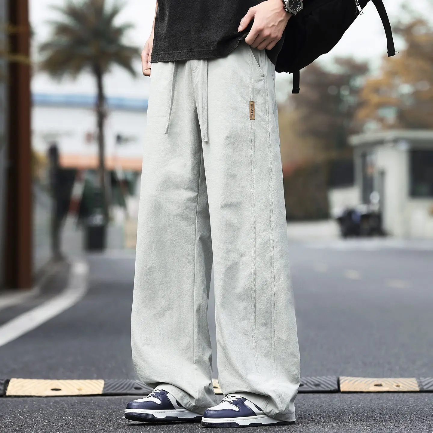Spring 2026 Men's Ice Silk Wide Leg Casual Pants High Waist Straight Cut Splice Design Drapey Comfortable Faionable Trousers