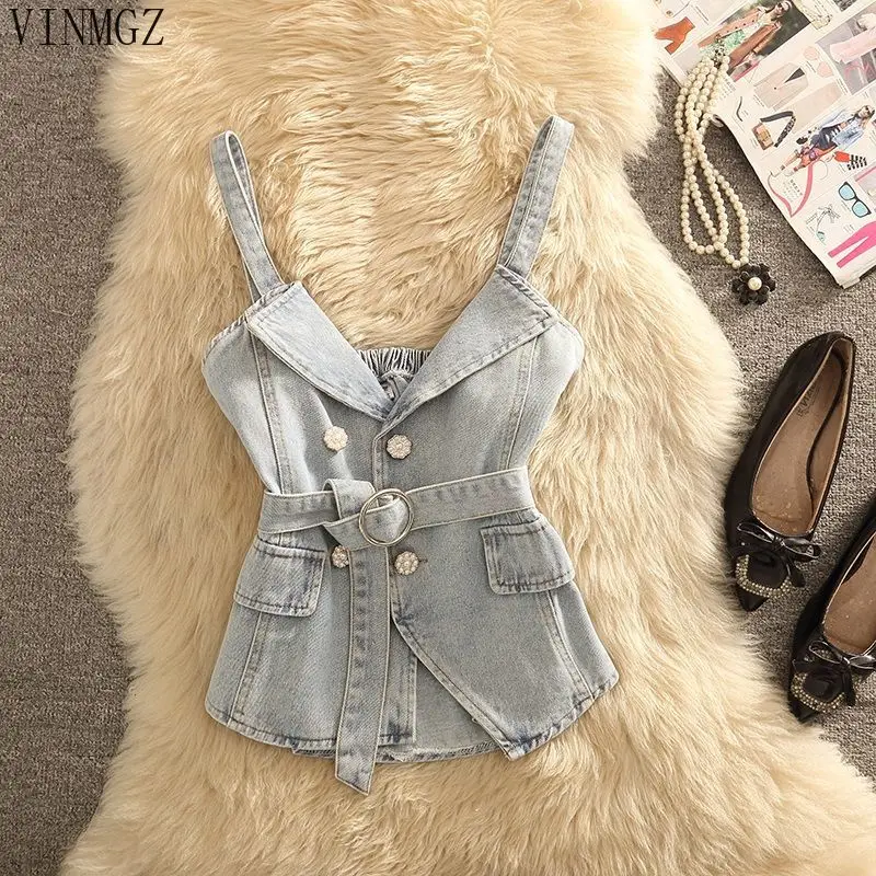 

Джинсовый жилет Mori на подтяжках 2021, новый корейский нишевый симметричный короткий пригородный жилет