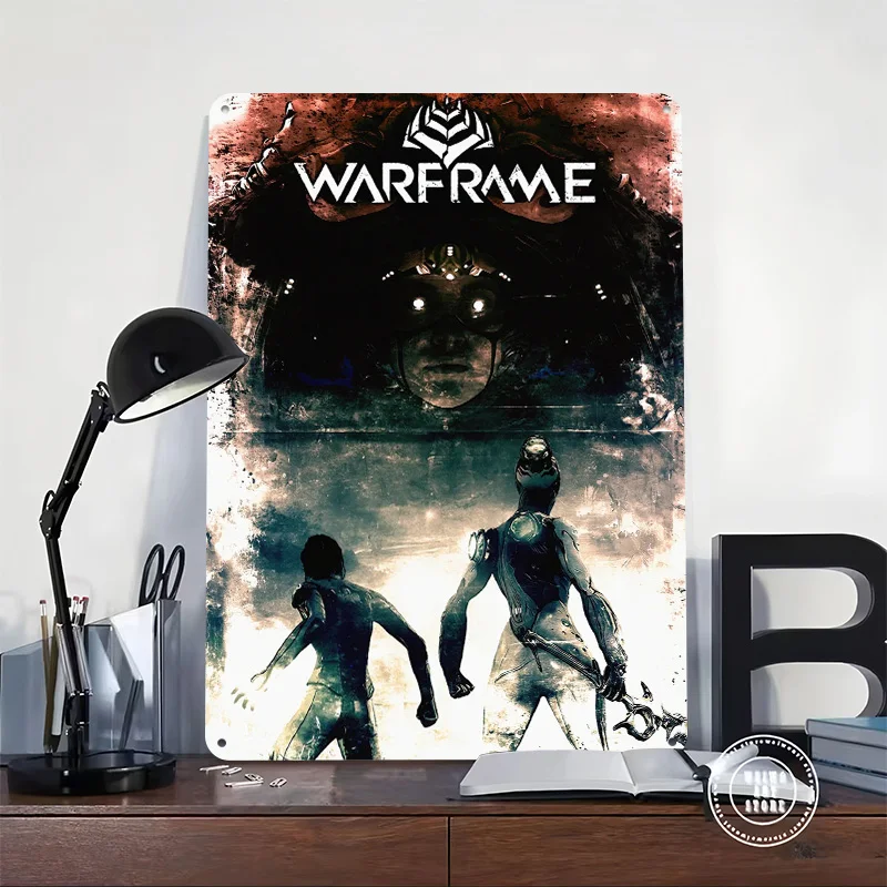 Warframe With Figures and Giant Head Metal Poster Custom Wall Art Retro Vintage Tinplate Signs for Man Cave Decoration Home Room
