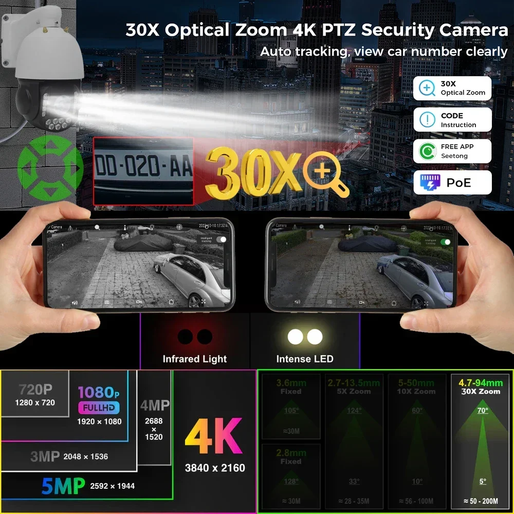 Outdoor 4K 8MP Wired PoE PTZ Security Camera 30X Optical Zoom 360° AI Humanoid Vehicle Auto Zoom Tracking IP Surveillance Camera