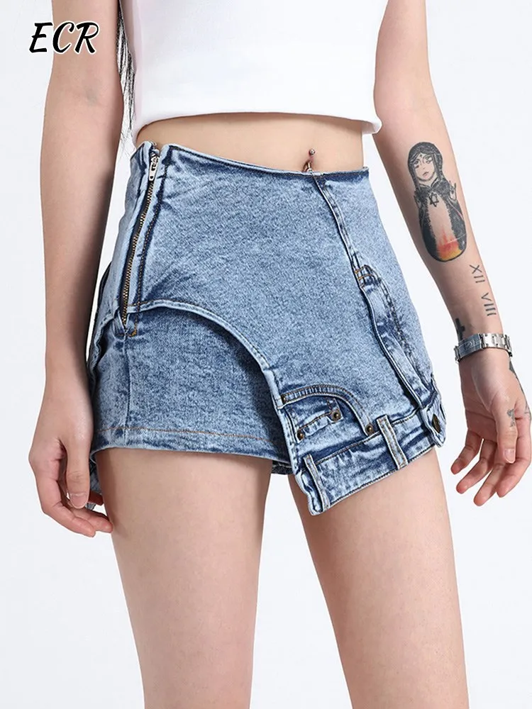 

ECR Irregular Denim Shorts For Women High Waist Patchwork Pockets Temperament Slimming Asymmetrical Short Pants Female Fashion