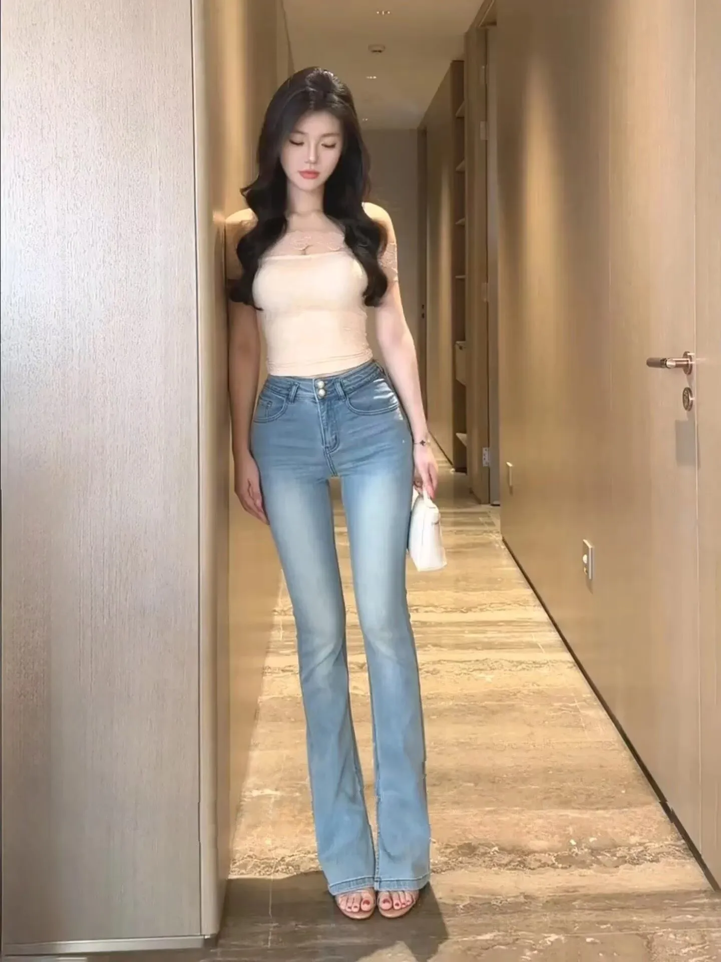 Slim Fit High Waist Cotton Stretch Denim Capri Pants American Washed Bell Bottoms Fixed Hip Small Slits Micro Flared Jeans