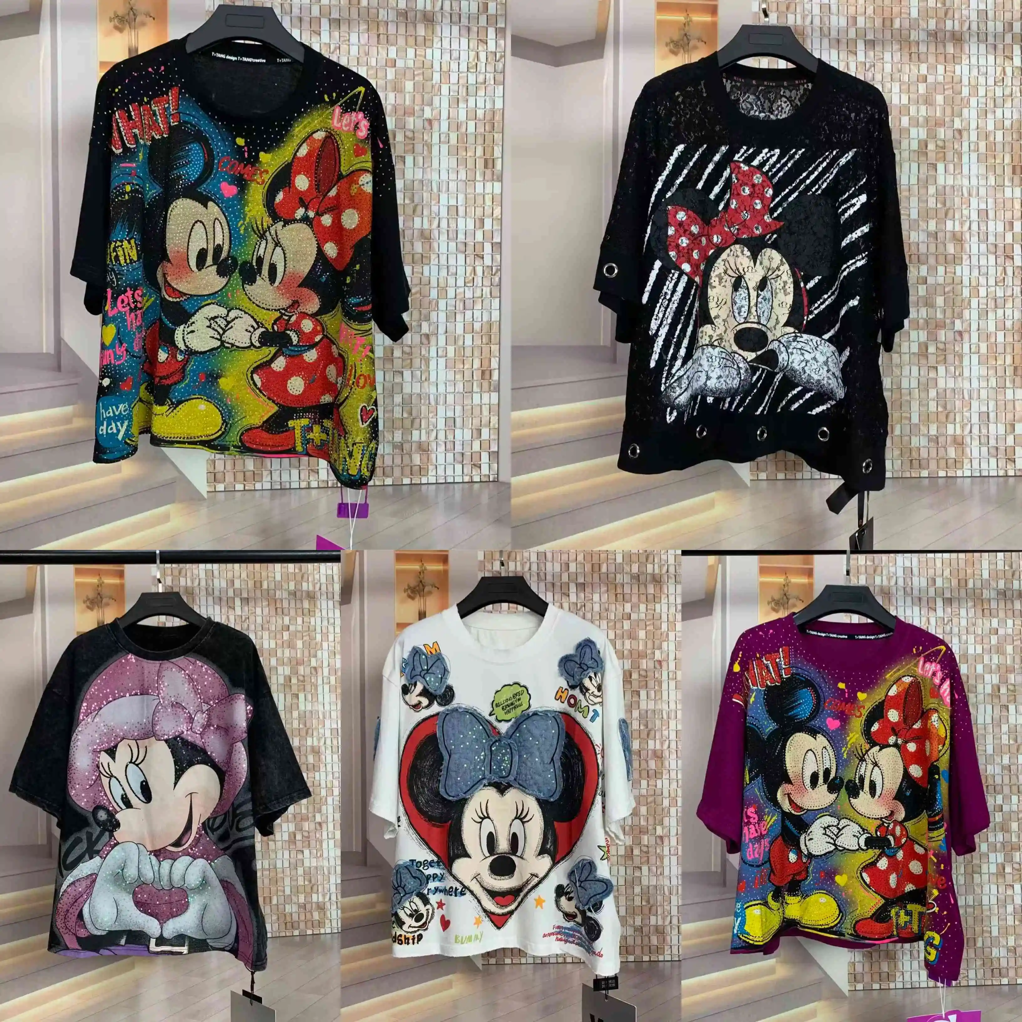 

European and American fashion brand 2026 Heavy Industry sequin cartoon printed short sleeved T-shirt summer new item A1