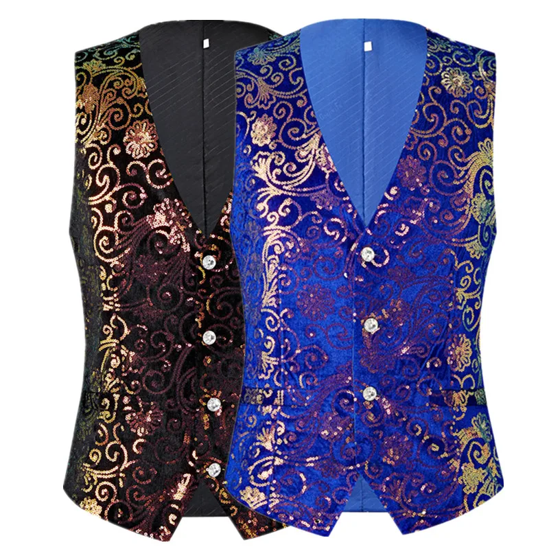

Fashion Men High Quality Sequin Suit Gold Velvet Top Blue / Black Male Bar KTV Stage Performance Luxury Dress Waistcoat