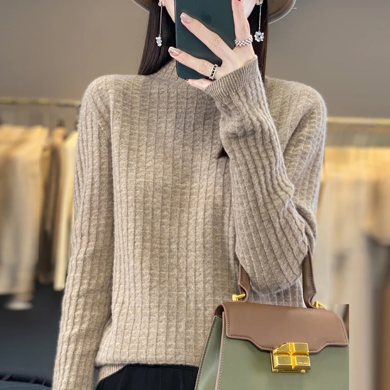 

Autumn and Winter New Women's Sweater 100% Wool Half High Neck Knitted Pullover Loose Korean Fashion Solid Color Women's Top