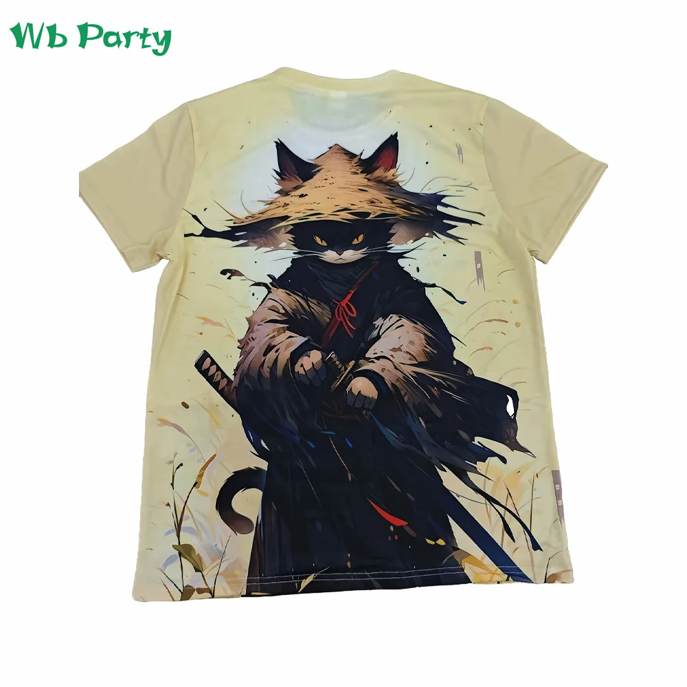 Samurai Cat Printed T shirt Men Funny Animal Graphic T shirts 3D O-Neck Men\'s Clothing Japanese Anime Style T-shirts for Men Top