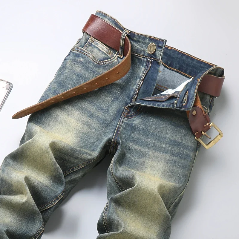 2025 Spring New Jeans Men's Slim Straight Stretch Cotton Casual Trousers Korean High Quality Nostalgia Washed Denim Pants