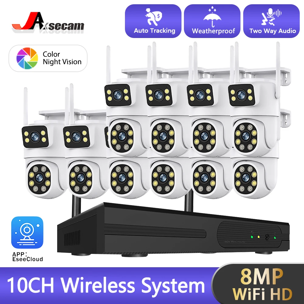 8MP WiFi Dual Lens Dual Screen Wireless IP Cameras 10CH WiFi NVR Security System Two Way Audio Outdoor Video Surveillance Set