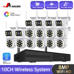 8mp wifi lente dupla tela dupla câmeras ip sem fio 10ch wifi nvr sistema de segurança áudio em dois sentidos conjunto de vigilância de vídeo ao ar livre