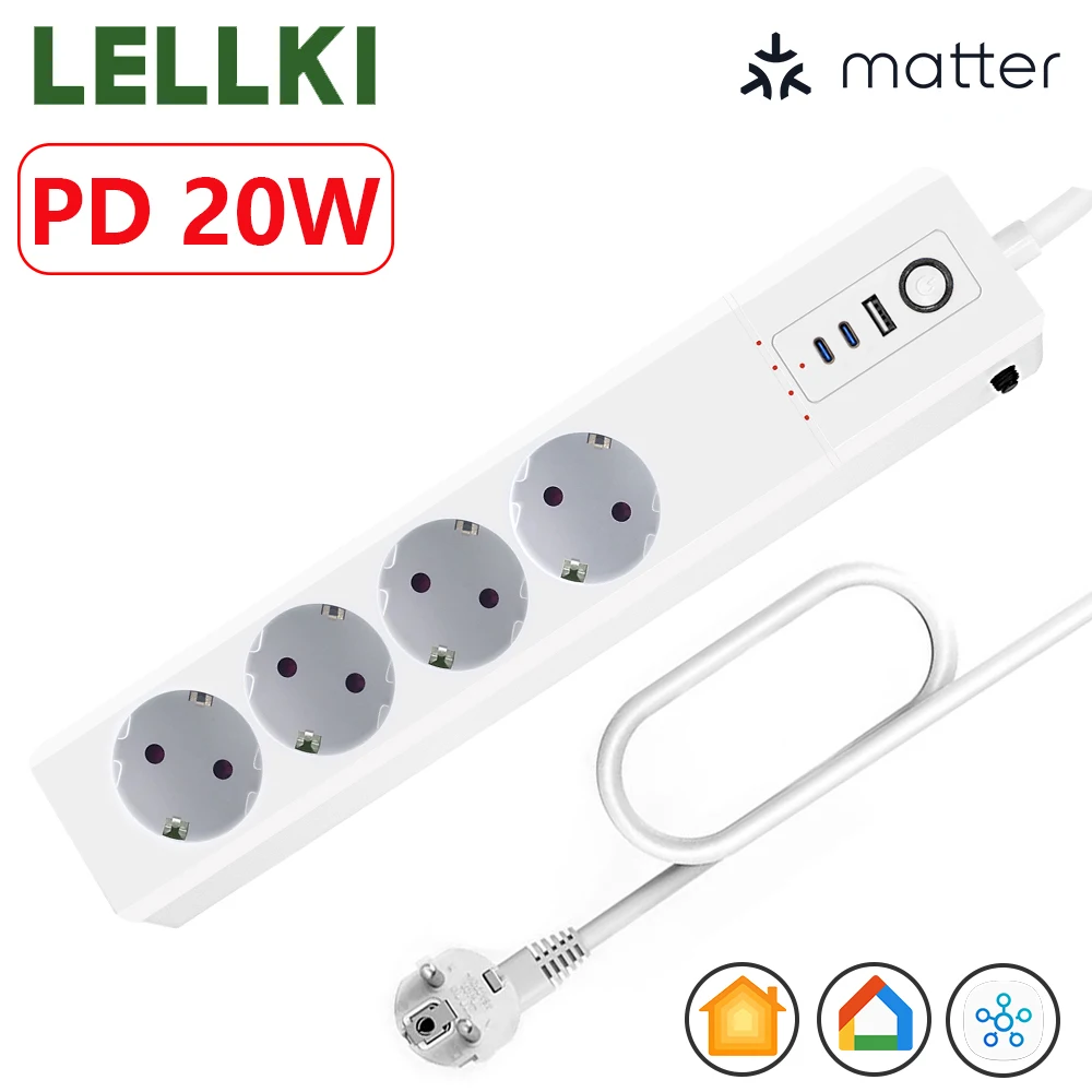 

LELLKI Matter Smart Power Strip USB-C 20W Plug Google Home Timer Outlet 16A 220V EU Socket SmartThings Apple HomePod Siri Voice