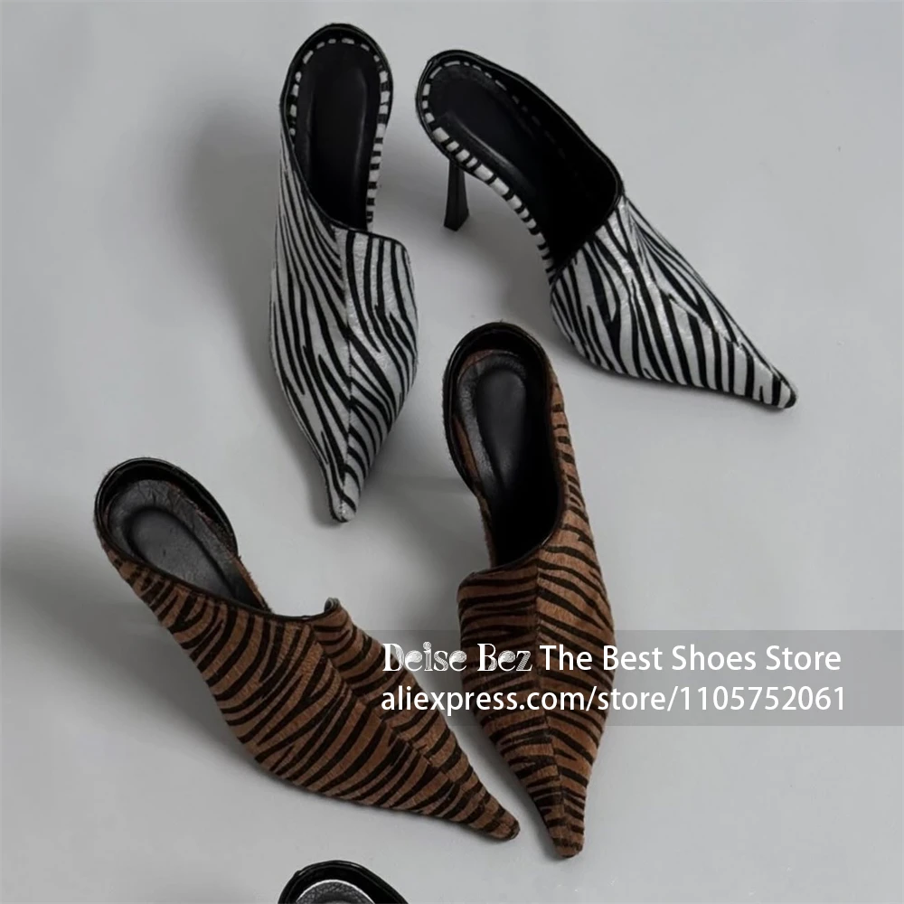Zebra Faux Horsehair Stiletto Heel Mules Black White Zebra Striped Pointed Slippers Sexy Style Designer Handmade Summer Shoes
