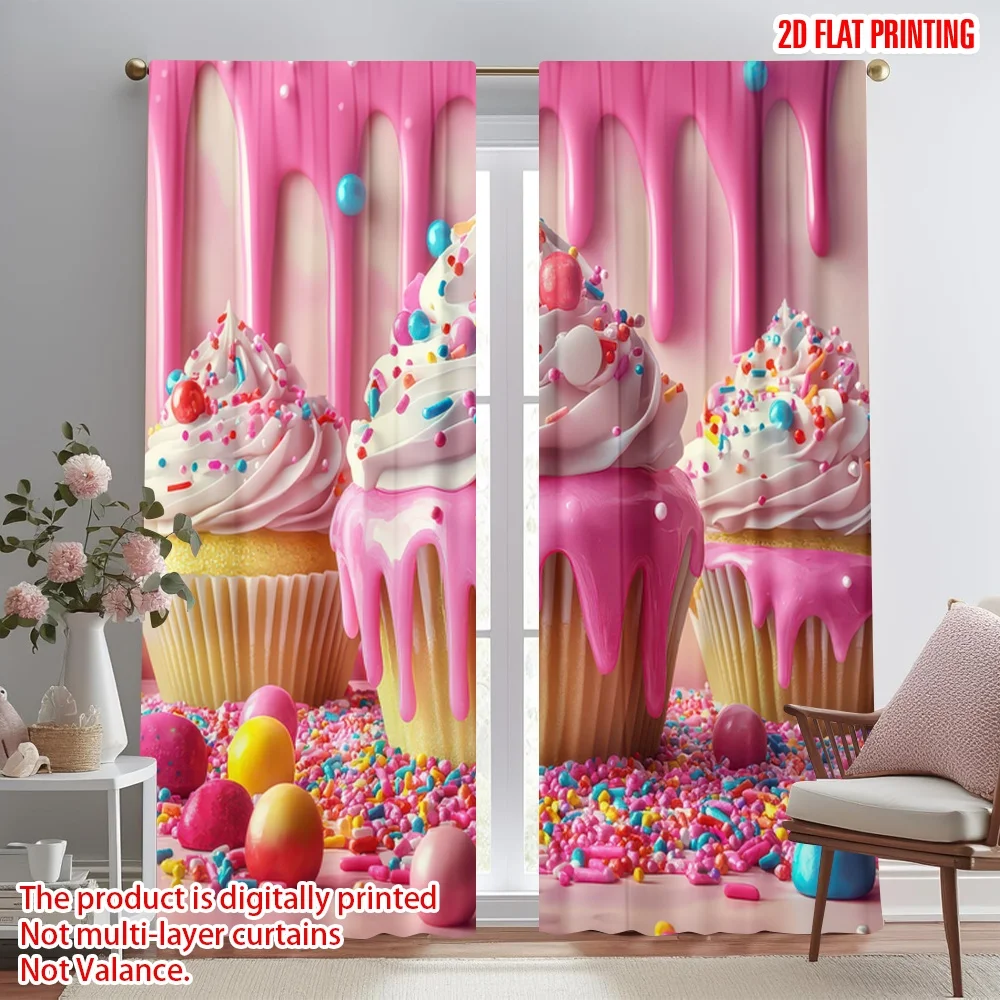 

2D flat printing 2pcs Party Curtain Birthday Cupcake Celebration Digital Printed Polyester Drapes Holiday Decorations for Home &