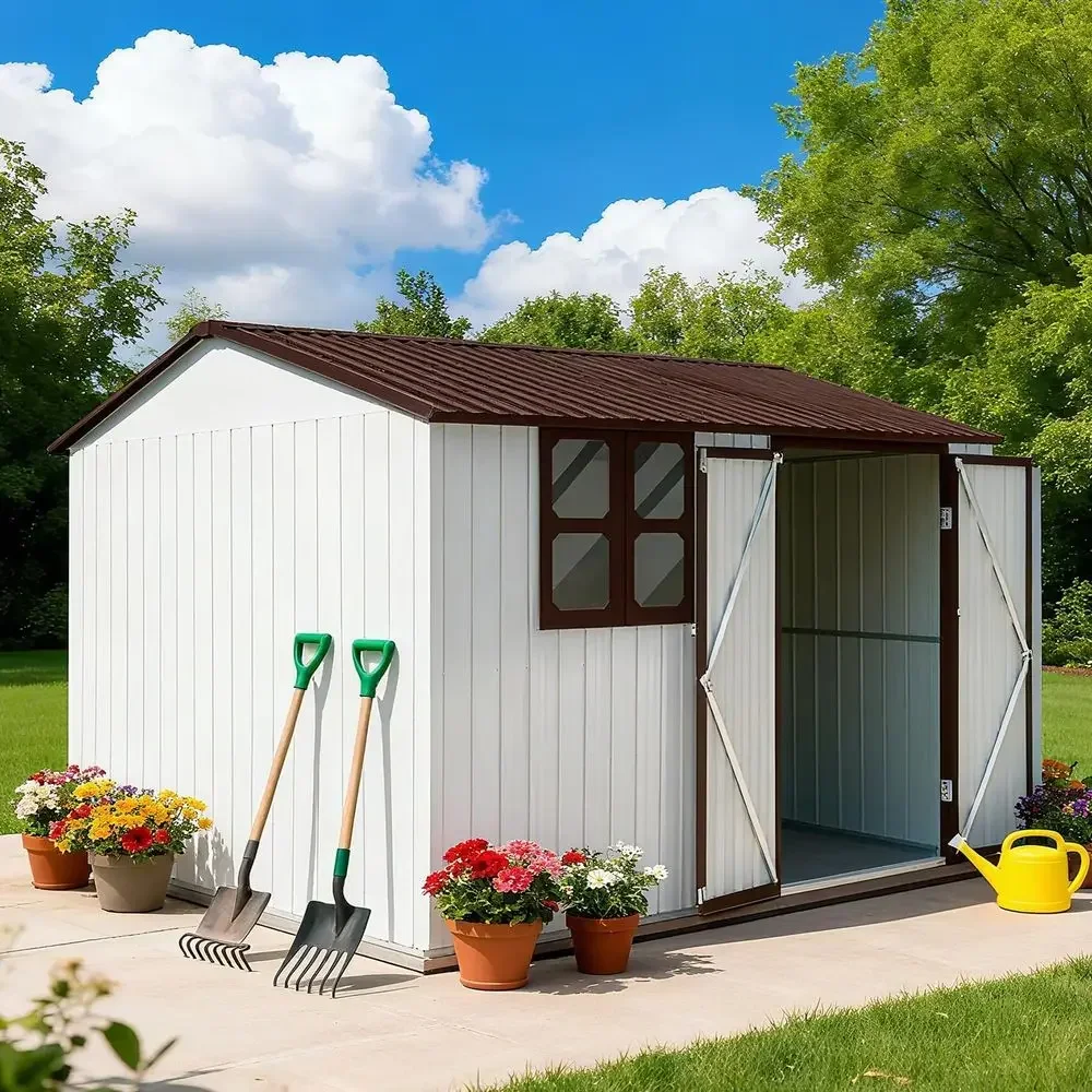 Durable Outdoor Storage Shed, Metal Garden Tool Shelter with Sloping Roof, Lockable Door and Windows, Weatherproof for Patio, La