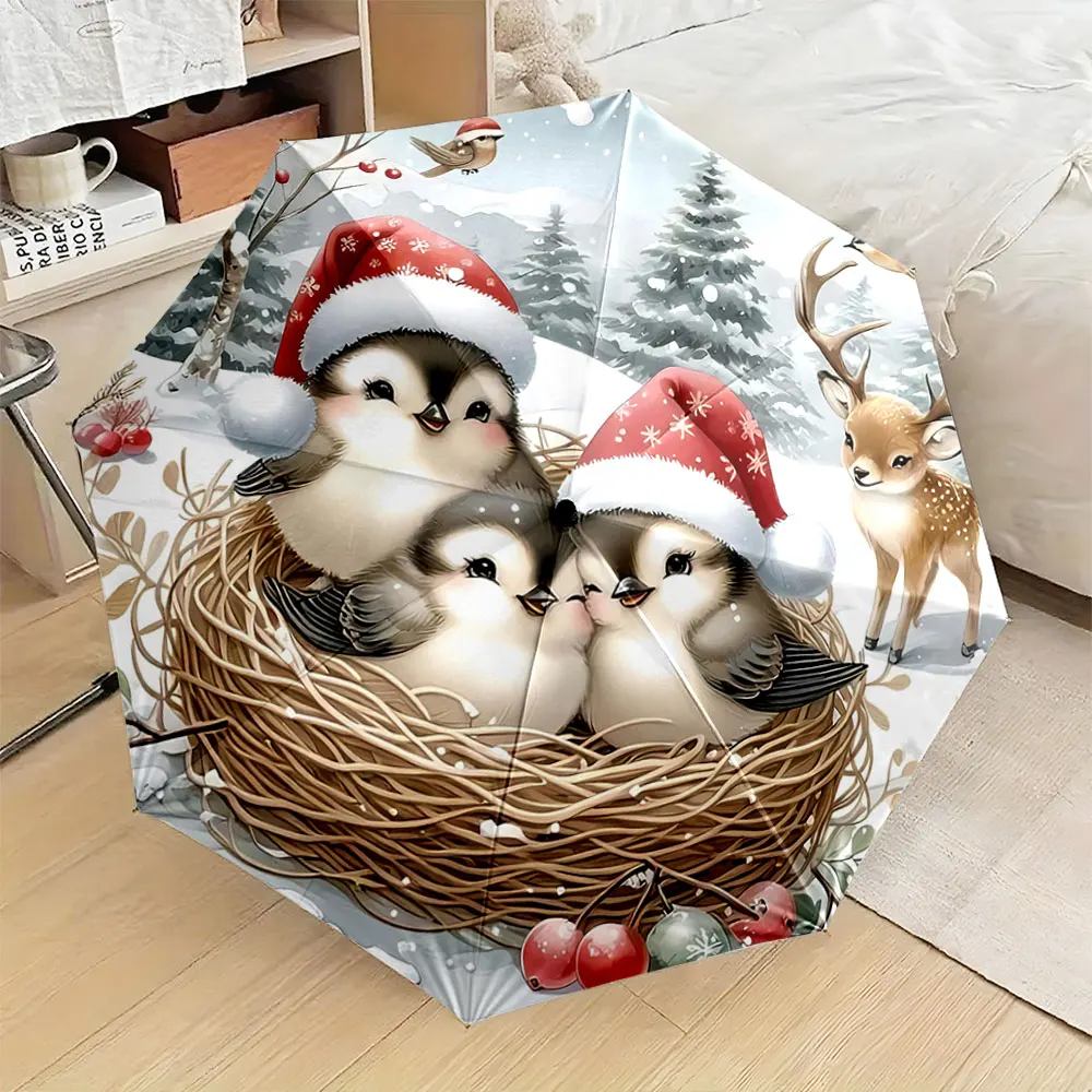Christmas Birds in Nest with Santa Hats Snowy Forest Scene portable waterproof sun rain umbrella for outdoor travel beach