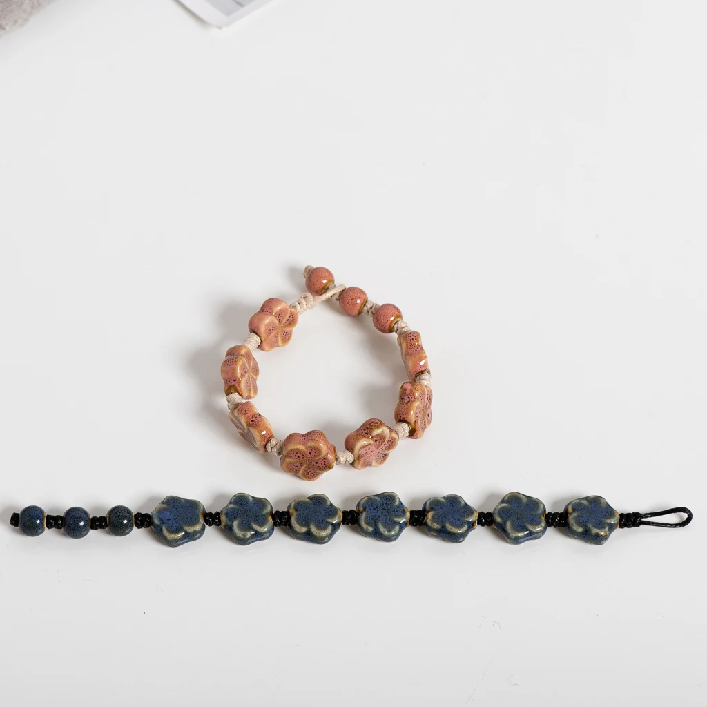 Handmade Ceramic Flower Bracelet 16–18cm Adjustable Cord Jewelry with Pink or Purple Glazed Beads for DIY Boho Style S02-057 view 5