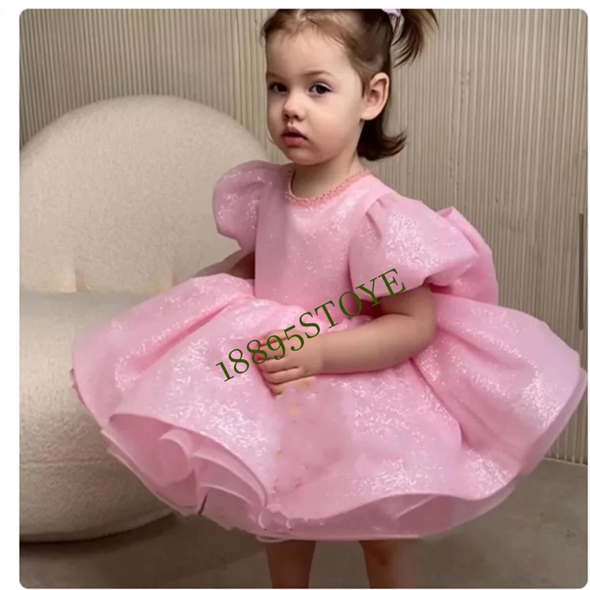 

Puffy Short Sleeve Knee Length Glitter Flower Girl Dresses for Baby Birthday Wedding Party Gowns Tutu Communion