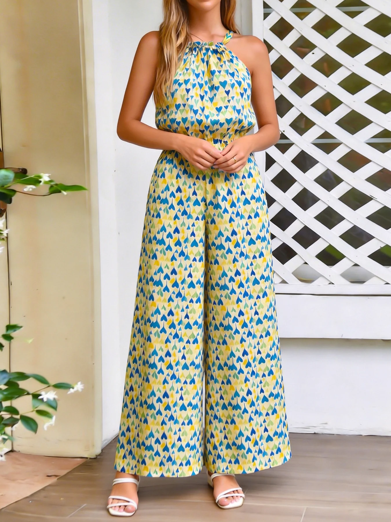 Women's Yellow Blue Green Heart Print Halter Jumpsuit Waist-Tie Wide-Leg Resort view 3