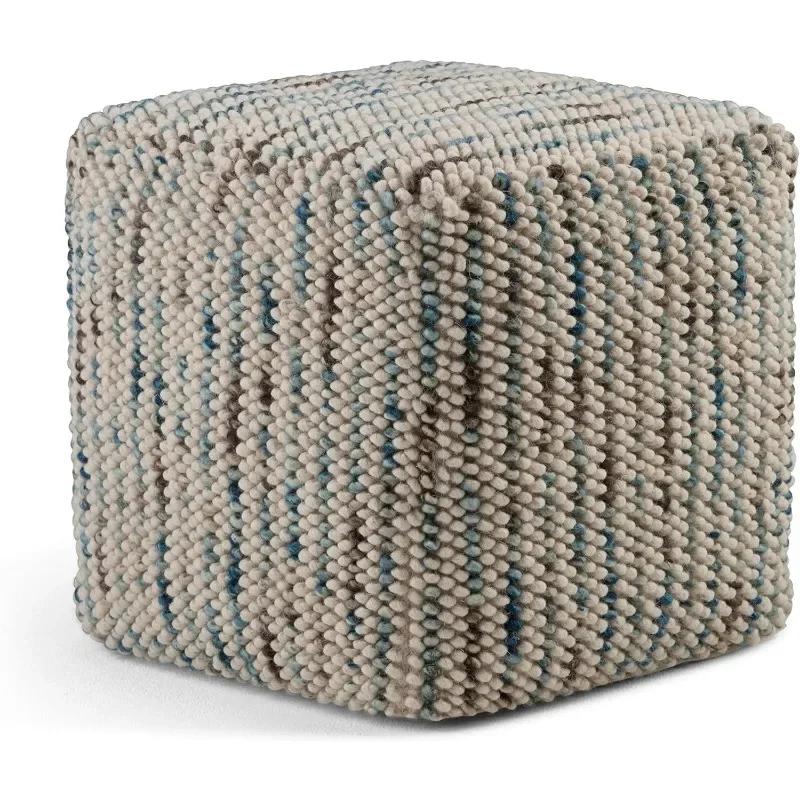 Zoey 18 Inch Boho Cube Woven Pouf in Multi Color Cotton and Wool, For the Living Room, Bedroom and Kids Room