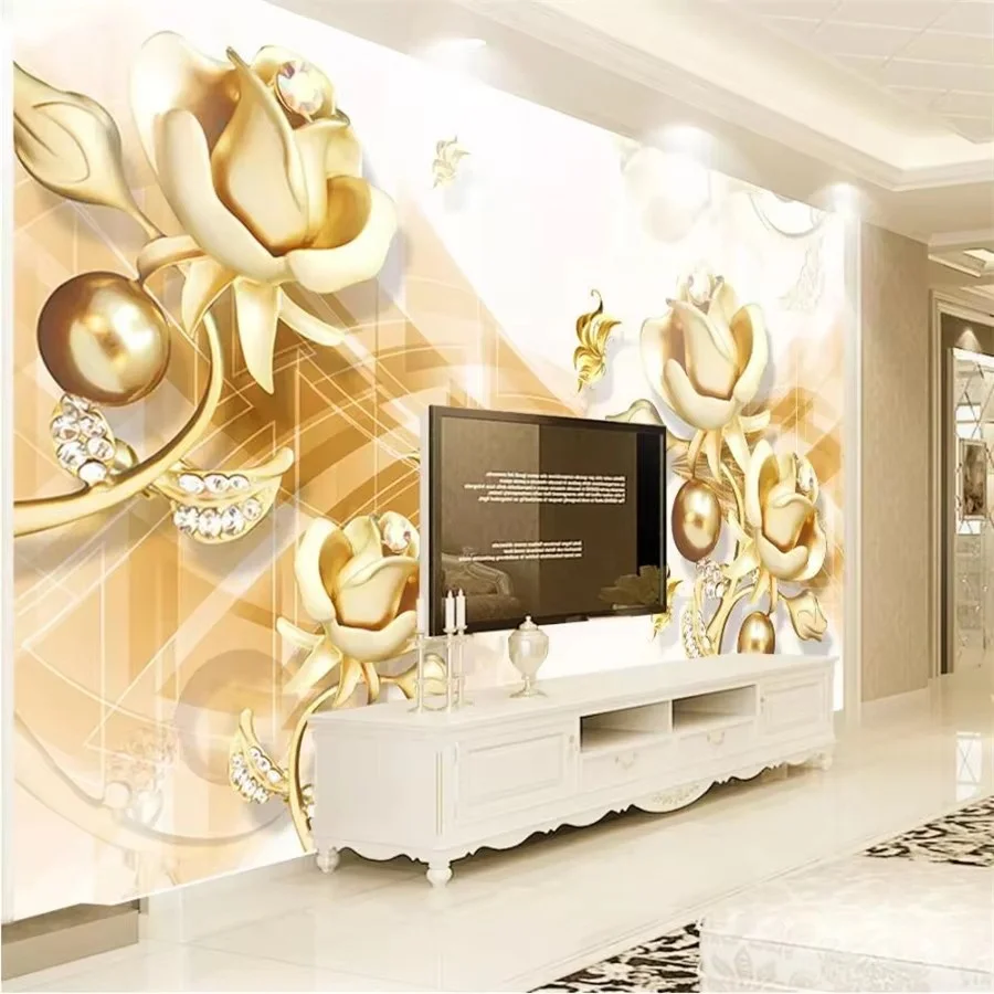 ورق حائط ثلاثي الأبعاد مخصص ورق حائط طلاء ذهبي مجوهرات زهور خلفية جميلة جدار ذهبي جميل صور خلفيات ديكور المنزل