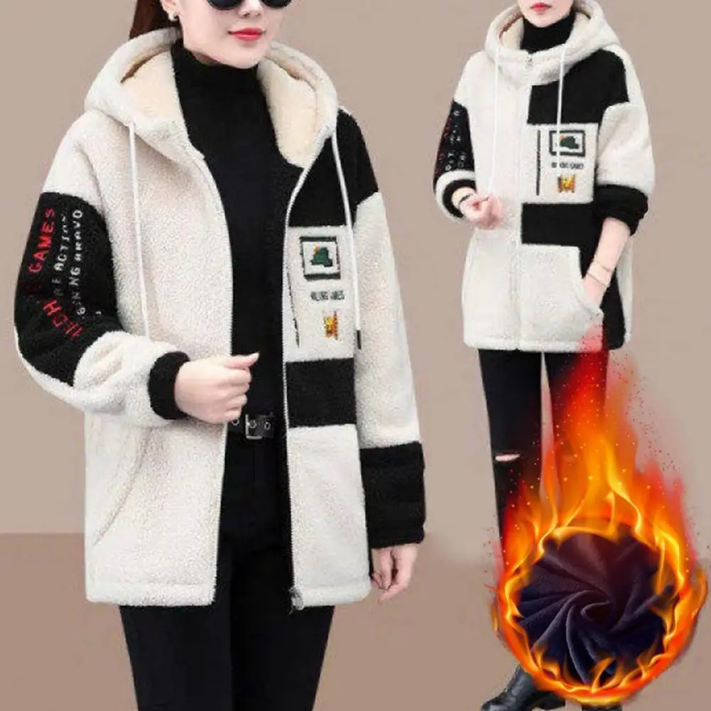 

Comfortable Women Jacket Cozy Hooded Colorblock Jacket Plush Embroidered Stylish Winter Coat for Women Women Outerwear