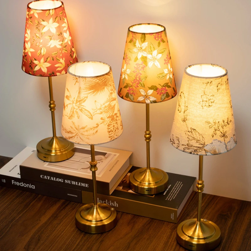 LED Charging Table Lamps Fabric Embossed Lampshade Night Light