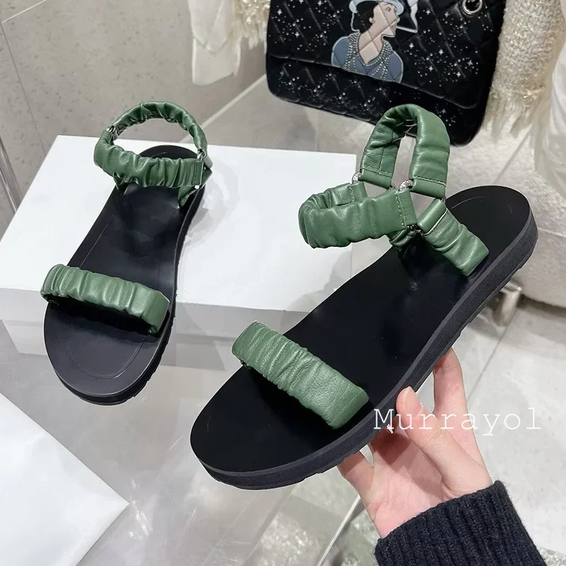 여성용 천연 가죽 원 스트랩 플랫 바텀 샌들, 주름 디자인 백 스트랩 샌들, 여름 오픈 토 비치 슈즈, 글래디에이터