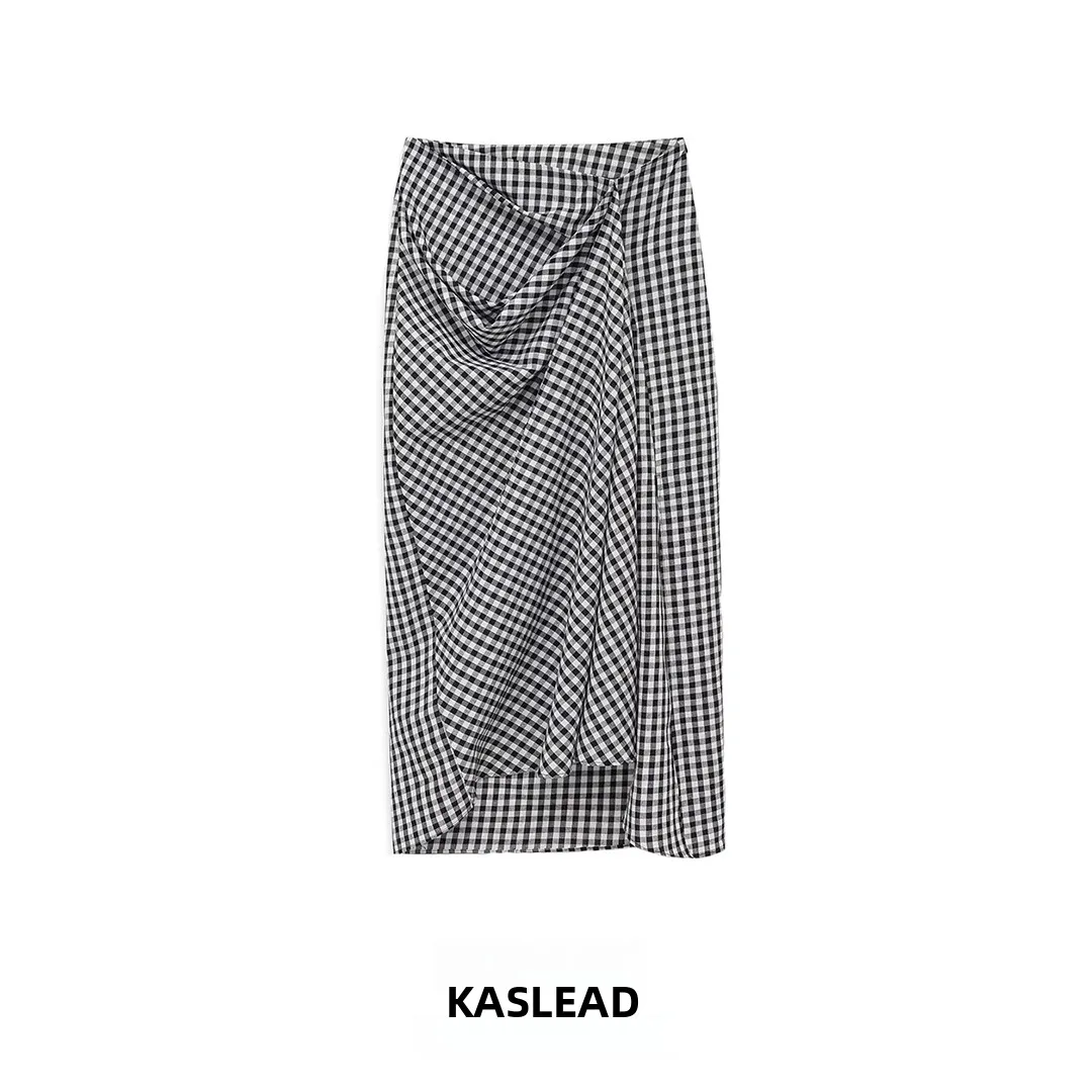 KASLEAD New Women's Fashion High Waist Pleated Plaid Split Skirt A-Line Standard Fit Polyester Fiber Spring Season Ladies' Skirt
