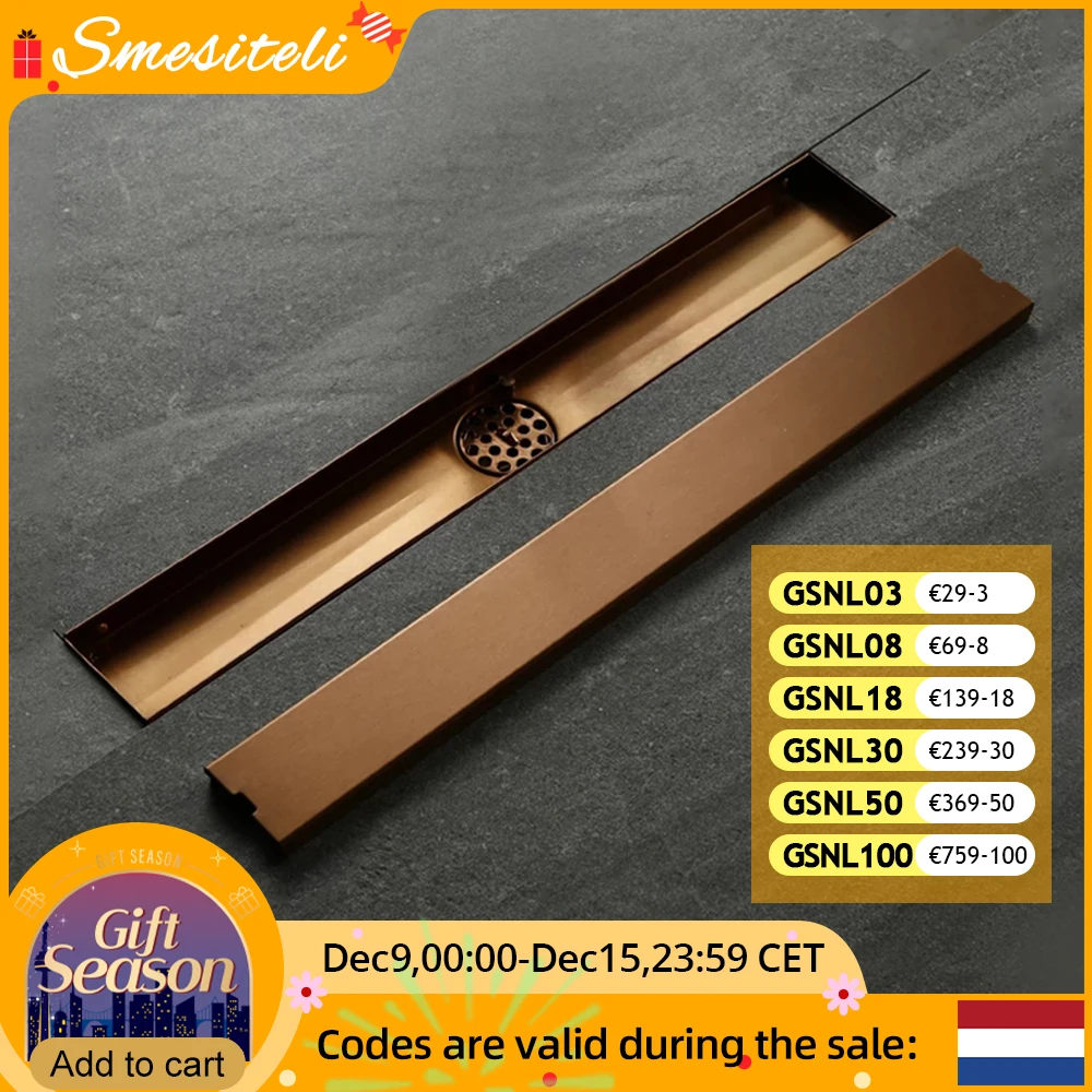 Smesiteli Stainless Steel Bathroom Drain Rose Gold 800/900/1000mm Rectangular Linear Tile Insert Anti-Odor Floor Drain Bathroom