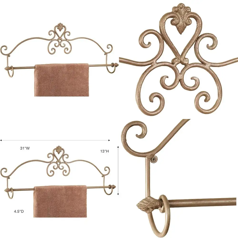 

30 Inch Satin Gold Metal Scroll Wall Mount Towel Bar for Bathroom, En Suite, and Kitchen - Elegant Storage Solution