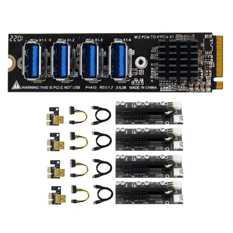 M.2 M-Key Pcie Expansion Cards+PCIE Riser Cable M.2 To Pci-E X1 4 Port USB3.0 Graphics Card Expansion Adapter ASM1184E