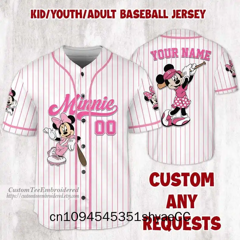 Custom Minnie Mouse Baseball Jersey, Disney Minnie Baseball Jersey , Custom Name Number Adult /Youth/ Kid Baseball Jersey