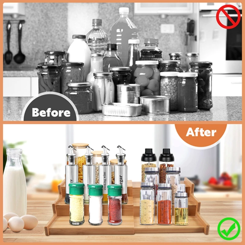 Spice Rack Kitchen Cabinet Organizer- 3 Tier Bamboo Expandable Display Shelf, Bamboo 3-Layer Adjustable Spice Rack-A79M view 5