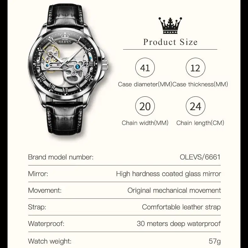 OLEVS TOP Brand Men\'s Automatic Mechanical Watch Full Hollow Design Man Wristwatch Waterproof Leather strap Hand Clock 6661