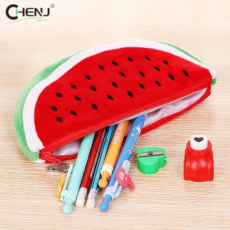 1 Stuks Creatieve Watermeloen Pluche Etui Kawaii Pencilcase School Pen Etui Benodigdheden Schoolbox Potloden Etui Etui