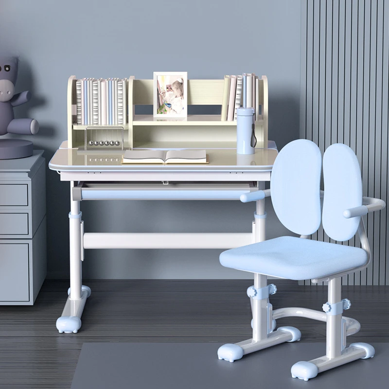 

Children's learning desk and chair set with bookshelf, adjustable, and wooden core material selection 80CM minimalist table