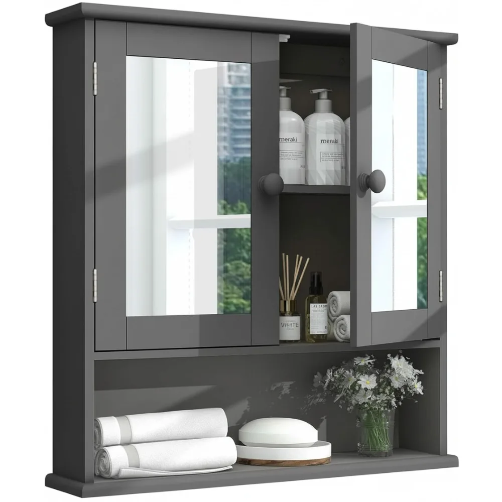 

Grey Medicine Cabinet with Mirror, 2 Doors & 3 Adjustable Shelves - Wall Mounted Storage for Bathroom, Kitchen