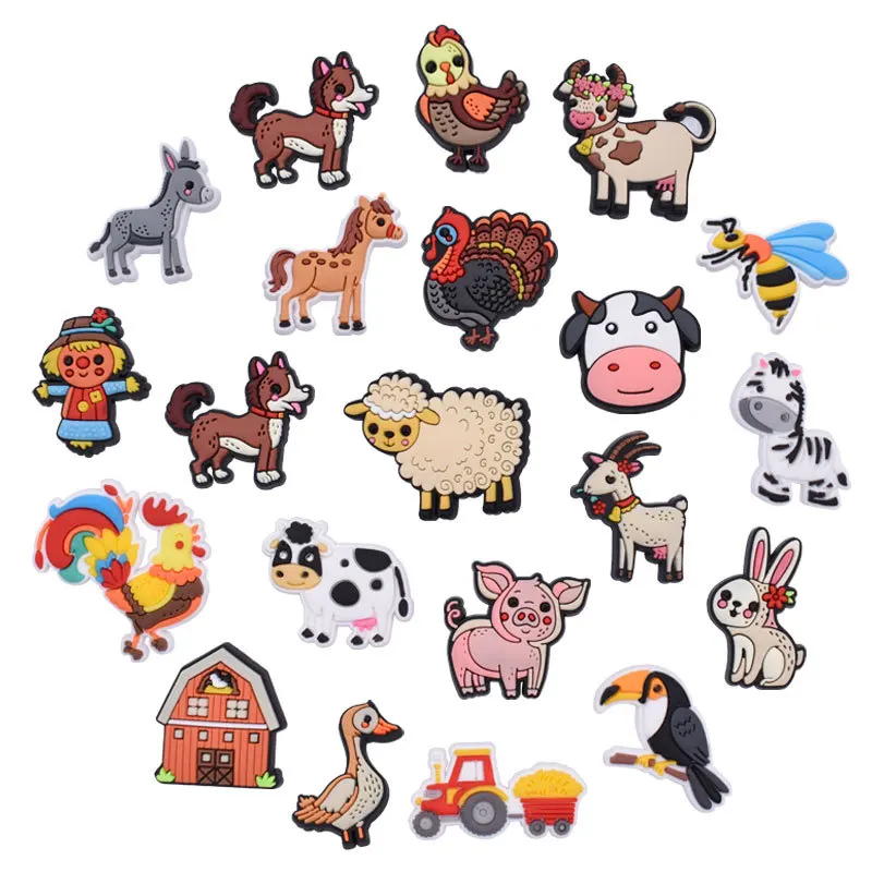 Breloques de chaussures en PVC, personnages agricoles, résine animale de poulet, cheval, vache, grenouille, mouton, abeille, chien, boucles, accessoires de décoration, 5.0