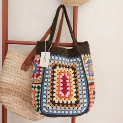 Handwoven grandmother grid women's shoulder bag with lining handbag, simple and fashionable beach bag, shopping bag