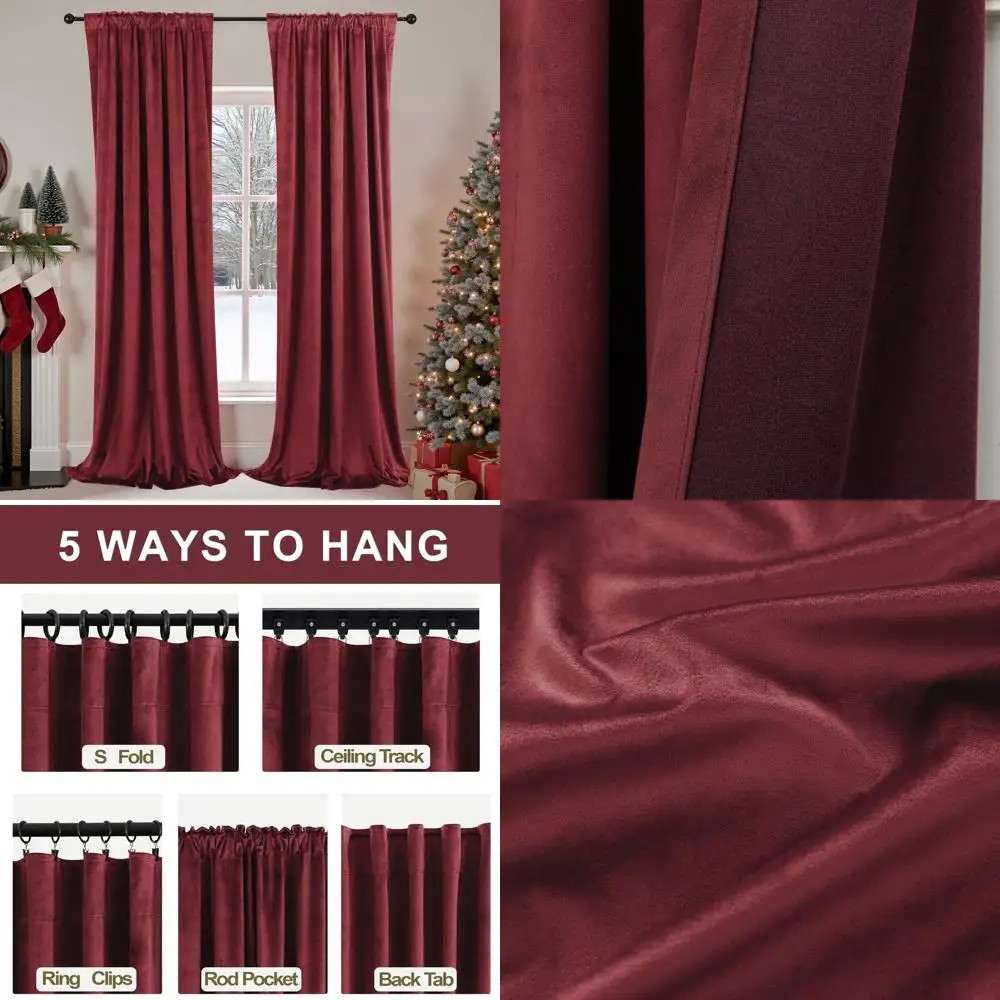 

Винтажные бархатные плиссированные шторы винного цвета для Рождества, длина 96 дюймов, комплект из 2 панелей для гостиной